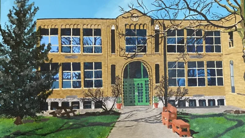 Painting of the Leaves of Learning building by art student Gabby Z.