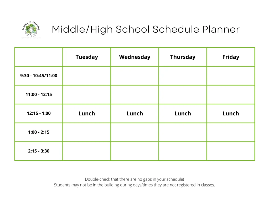 Open printable planners (opens in a new tab); preview shows a blank Middle/High School template
